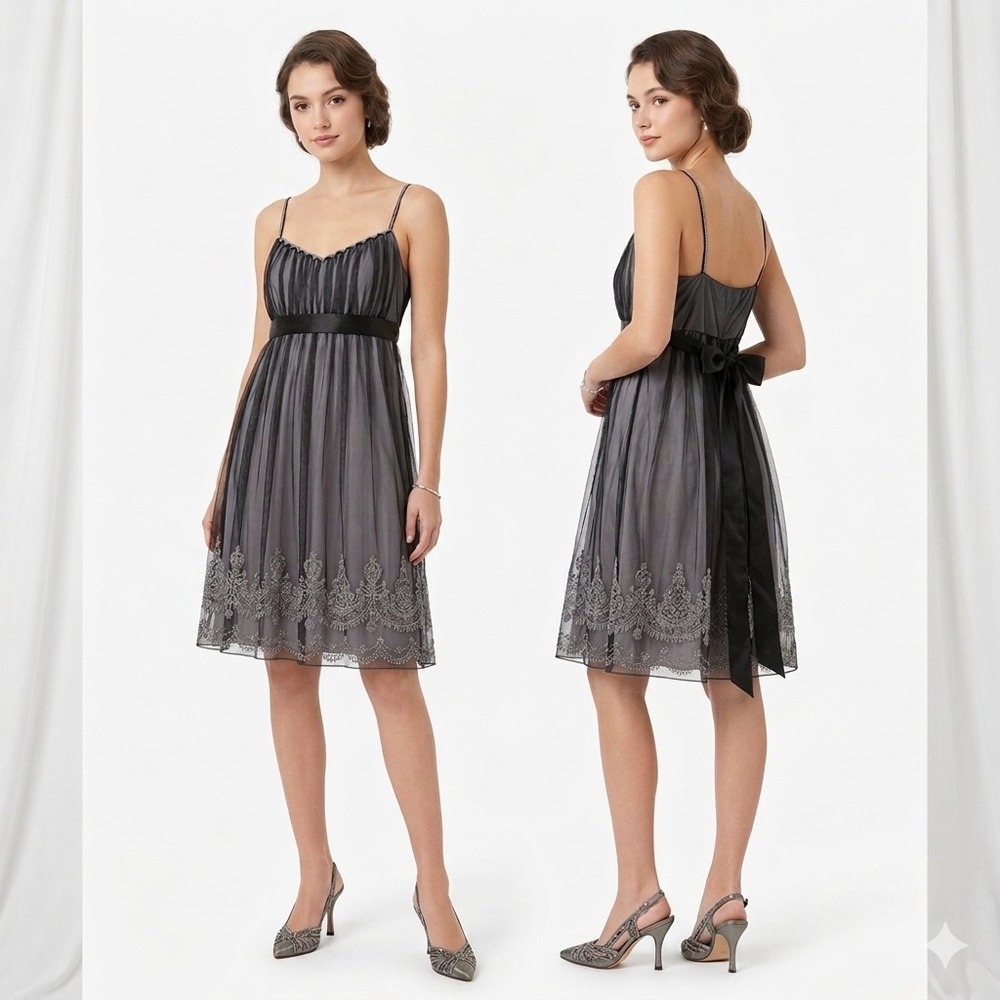 Vtg 90s Y2K Teeze Me Dress Md Black Grey Tulle Overlay Lace Trim Beaded Babydoll
